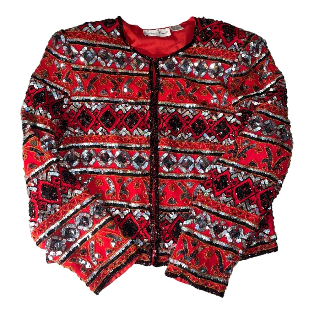 Laurence Kazar Vintage size L red and black sequined long sleeved jacket